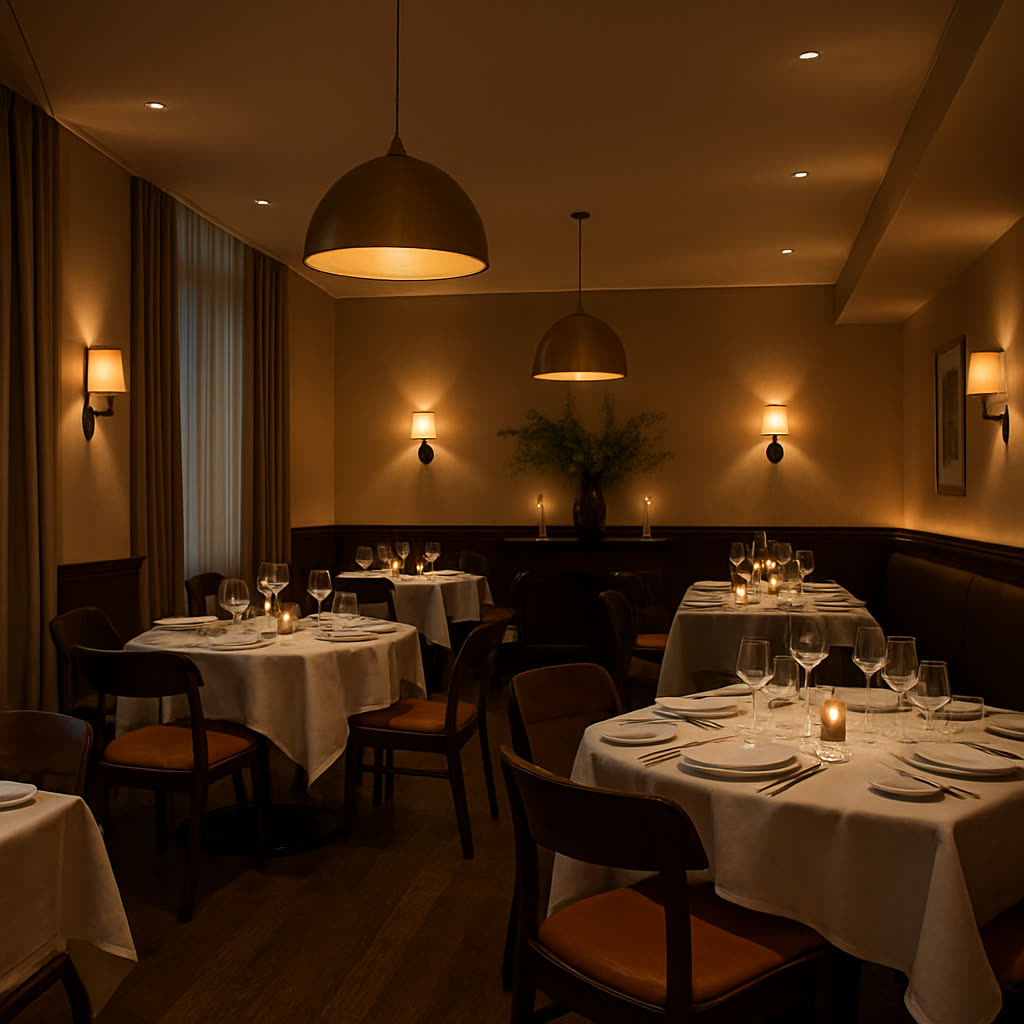 Elegant restaurant dining room with carefully set tables and ambient lighting