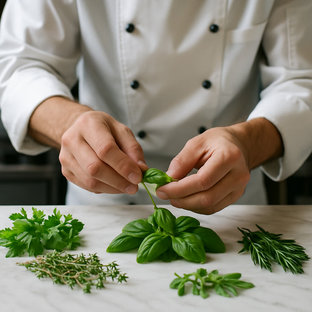 Chef hands delicately preparing fresh basil leaves on marble surface