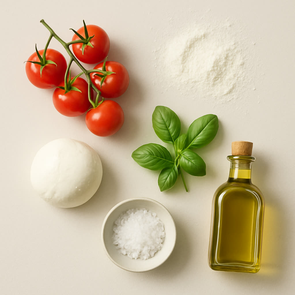 Arranged flat-lay of pizza ingredients: tomatoes, mozzarella, basil, flour, salt, and olive oil