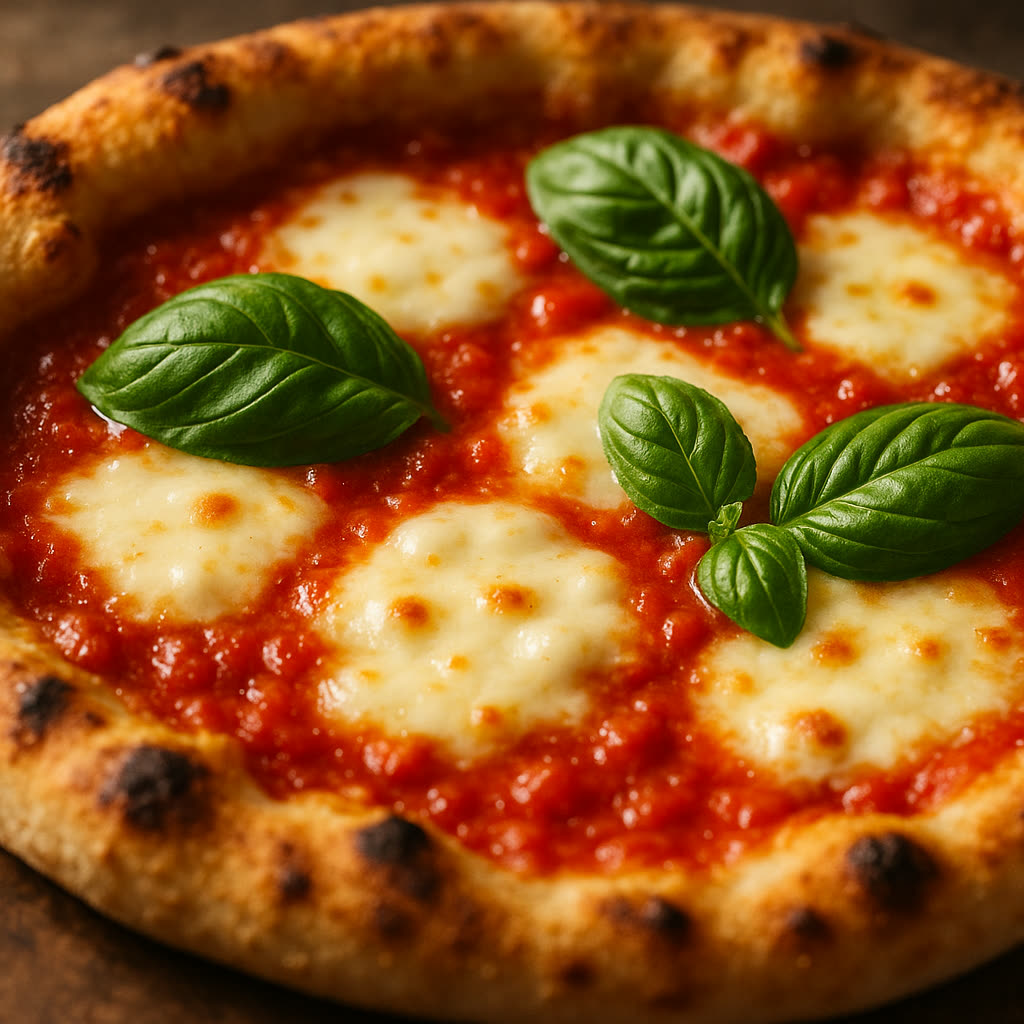 Finished Neapolitan pizza with vibrant fresh basil and tomato sauce