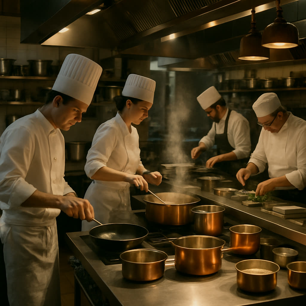 Professional kitchen line with multiple chefs working at stainless steel counters