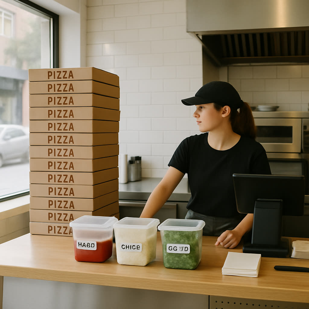 Hands actively kneading pizza dough on floured work surface